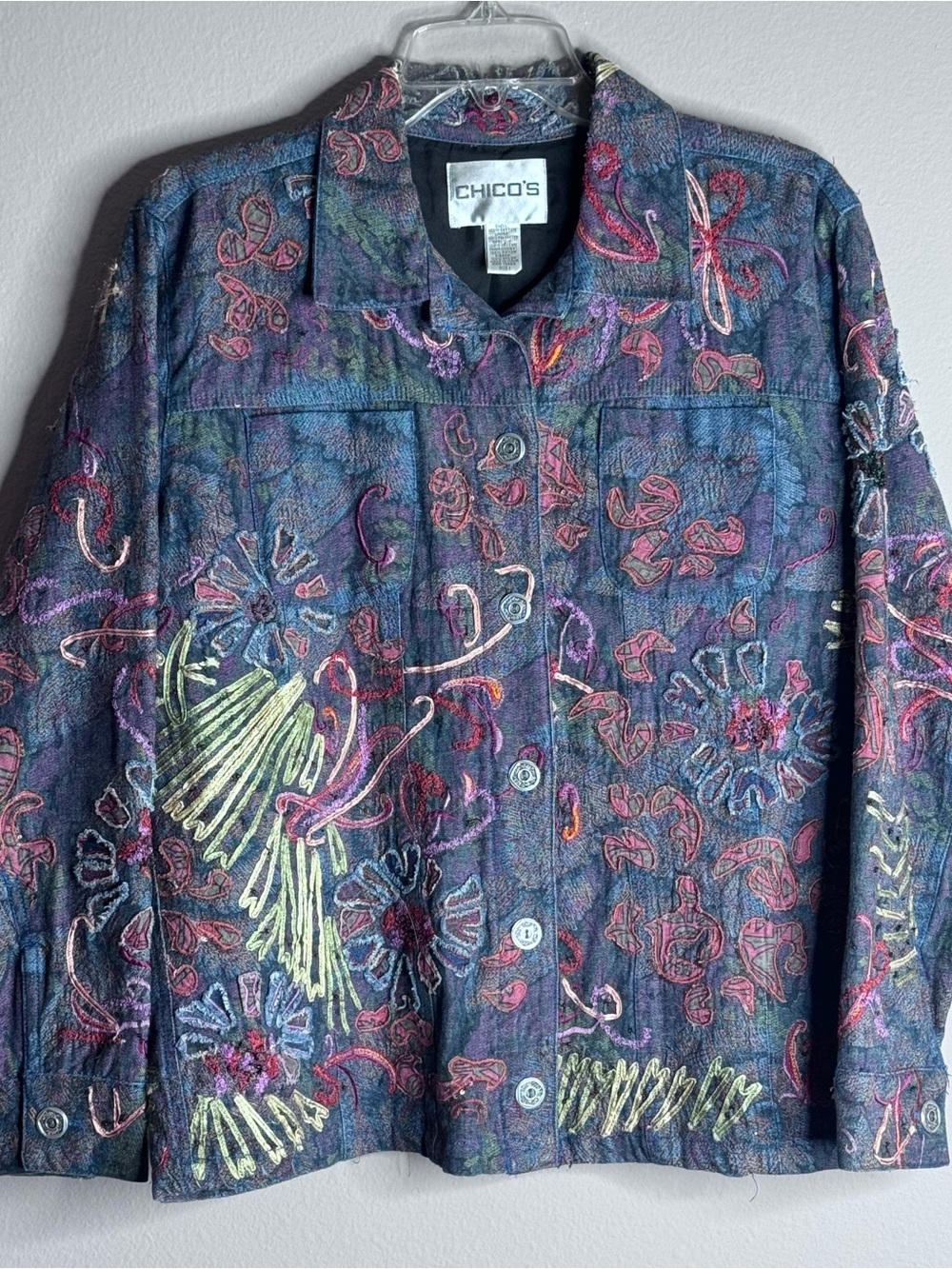 Chico's Denim Embroidered Wearable Art Floral Button Multicolor Jacket Sz 1 US M